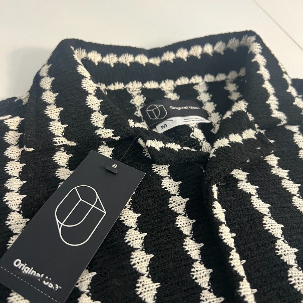 Original Use Shirt Mens Medium Black White Striped Knit Short Sleeve Button Up
